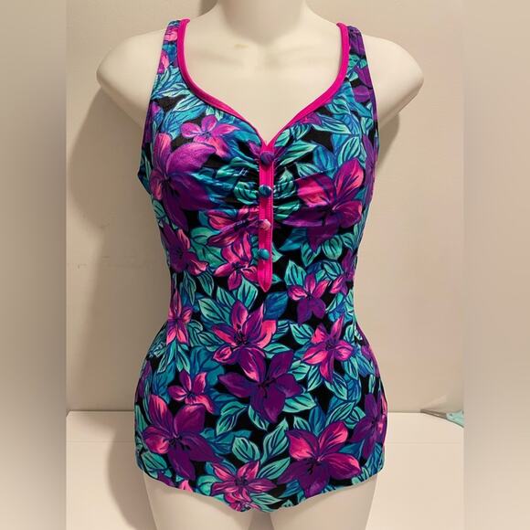 Maxine Of Hollywood One Piece Swimsuit Size 12 Vintage Pink & Purple Floral - Picture 1 of 8